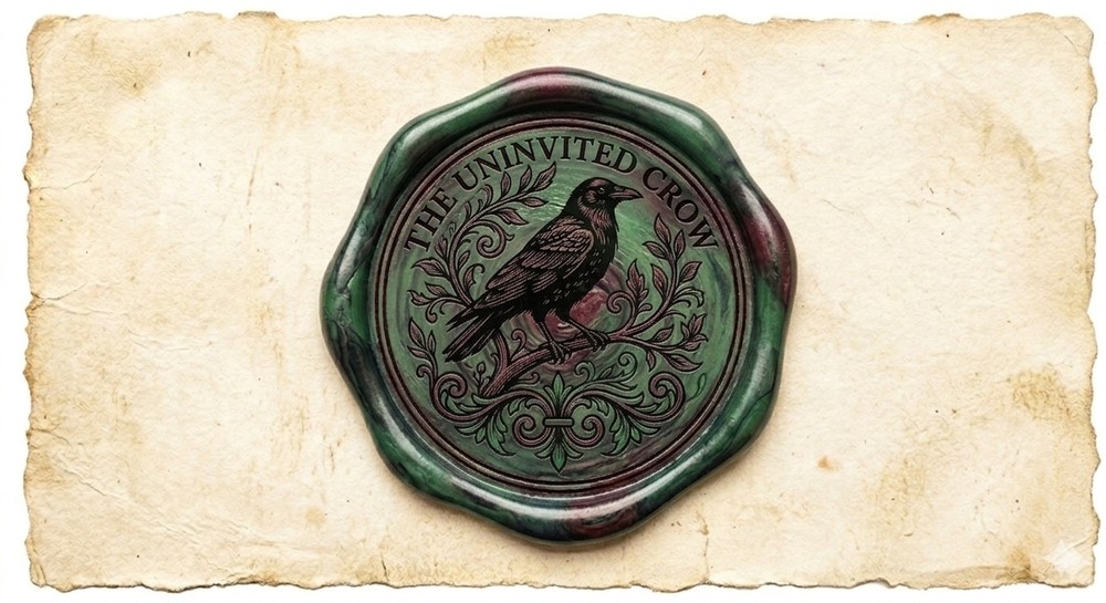 The Uninvited Crow wax seal — a crow on botanical scrollwork, forest green into burgundy